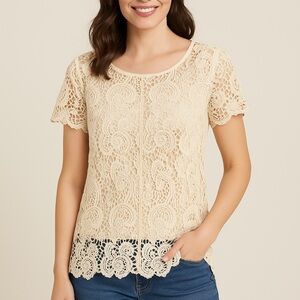 🤍 Cato Cream Lace Crochet Top | 100% Cotton Boho Floral Overlay Blouse